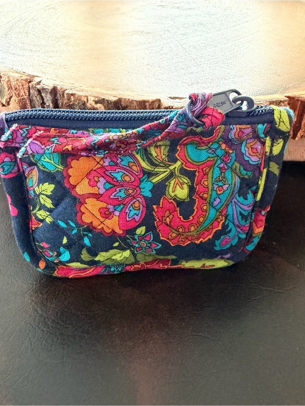 Vera Bradley Navy Quilted Paisley Coin Pouch with Bright Floral Accents